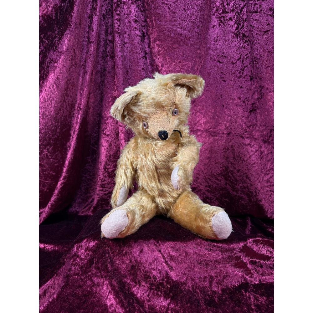 Antique Jointed Mohair Teddy Bear – Golden Yellow with Button Eyes - 17.5"